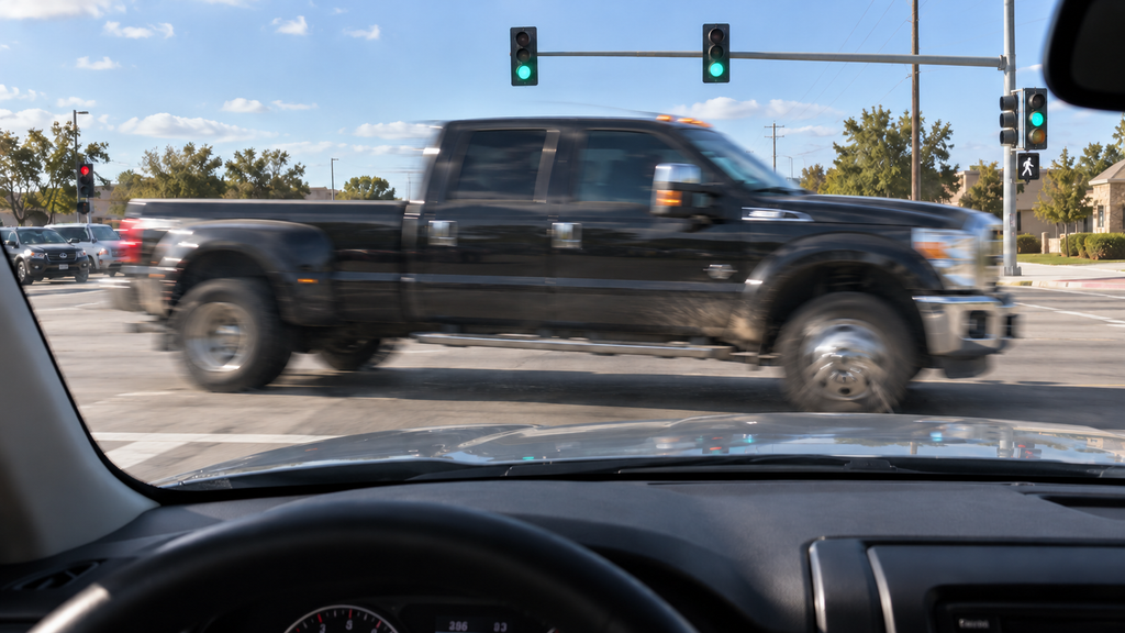 Pickup truck entering a signalized intersection on red