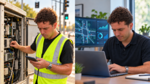 Signal technician driving to a cabinet compared with reviewing the controller front panel remotely from an office